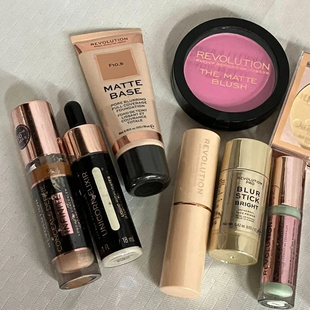 Revolution Makeup Lot Of 10 Concealer Blush Lipstick Primer Powder & More